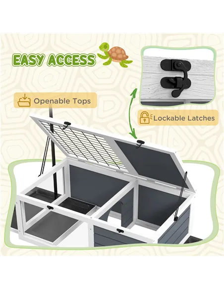 PawHut Tortoise Table with Adjustable Lamp Holder, Wooden Tortoise House w/ Openable Lids, Pull-Out Trays - Grey