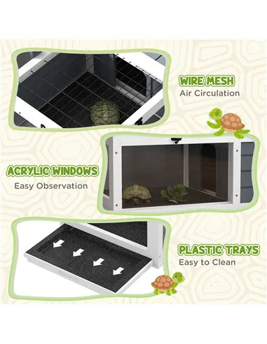 PawHut Tortoise Table with Adjustable Lamp Holder, Wooden Tortoise House w/ Openable Lids, Pull-Out Trays - Grey