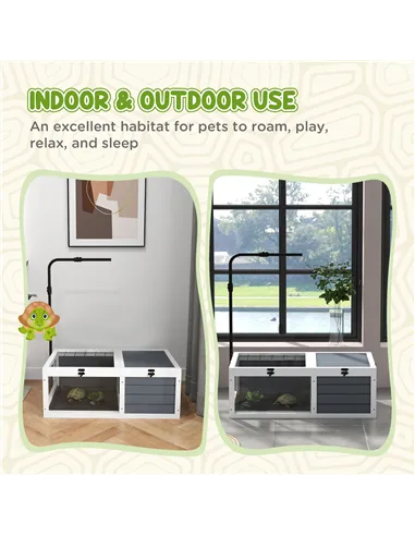PawHut Tortoise Table with Adjustable Lamp Holder, Wooden Tortoise House w/ Openable Lids, Pull-Out Trays - Grey
