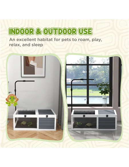 PawHut Tortoise Table with Adjustable Lamp Holder, Wooden Tortoise House w/ Openable Lids, Pull-Out Trays - Grey