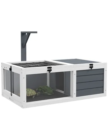 PawHut Tortoise Table with Wooden Lamp Holder, Wooden Tortoise House w/ Openable Lids, Pull-Out Trays - Grey