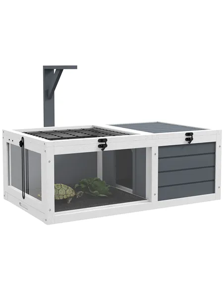 PawHut Tortoise Table with Wooden Lamp Holder, Wooden Tortoise House w/ Openable Lids, Pull-Out Trays - Grey