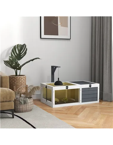 PawHut Tortoise Table with Wooden Lamp Holder, Wooden Tortoise House w/ Openable Lids, Pull-Out Trays - Grey