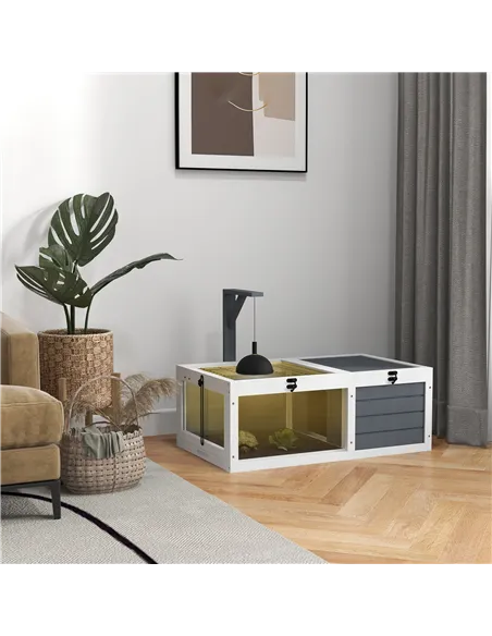 PawHut Tortoise Table with Wooden Lamp Holder, Wooden Tortoise House w/ Openable Lids, Pull-Out Trays - Grey