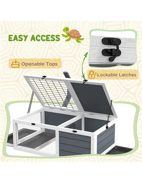 PawHut Tortoise Table with Wooden Lamp Holder, Wooden Tortoise House w/ Openable Lids, Pull-Out Trays - Grey