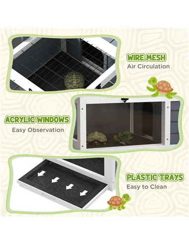 PawHut Tortoise Table with Wooden Lamp Holder, Wooden Tortoise House w/ Openable Lids, Pull-Out Trays - Grey