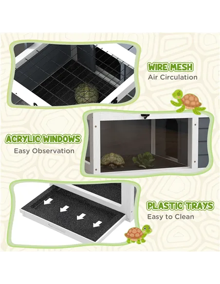 PawHut Tortoise Table with Wooden Lamp Holder, Wooden Tortoise House w/ Openable Lids, Pull-Out Trays - Grey