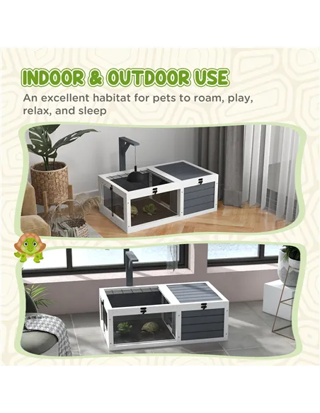 PawHut Tortoise Table with Wooden Lamp Holder, Wooden Tortoise House w/ Openable Lids, Pull-Out Trays - Grey