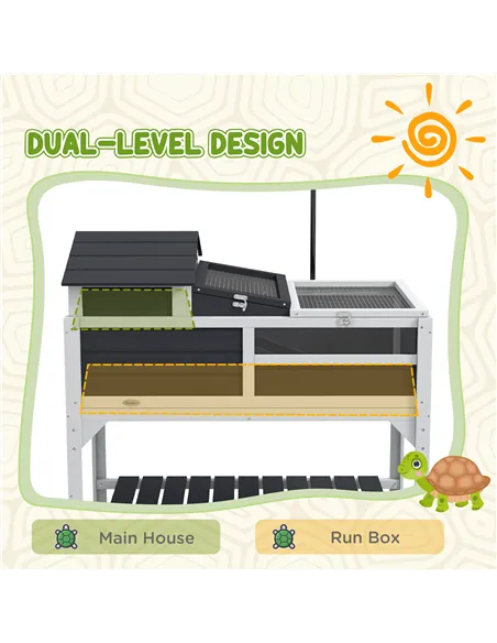 PawHut Wooden Tortoise Enclosure, Tortoise Tank w/ Adjustable Lamp Holder, Openable Lid, Removable Main House - Grey