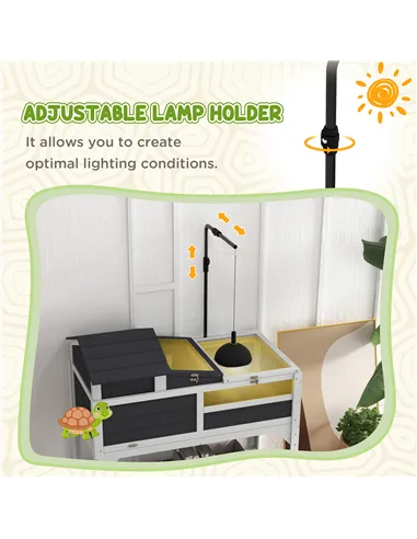 PawHut Wooden Tortoise Enclosure, Tortoise Tank w/ Adjustable Lamp Holder, Openable Lid, Removable Main House - Grey