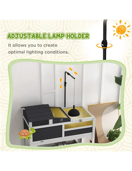 PawHut Wooden Tortoise Enclosure, Tortoise Tank w/ Adjustable Lamp Holder, Openable Lid, Removable Main House - Grey