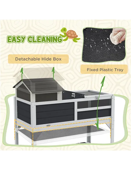 PawHut Wooden Tortoise Enclosure, Tortoise Tank w/ Adjustable Lamp Holder, Openable Lid, Removable Main House - Grey