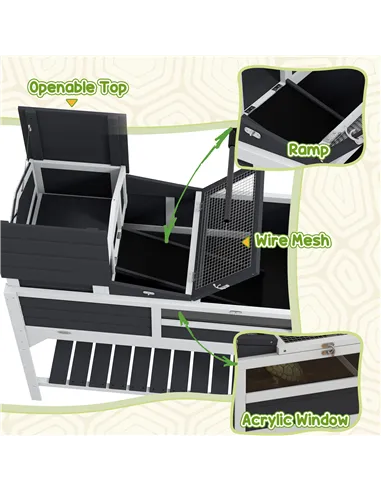 PawHut Wooden Tortoise Enclosure, Tortoise Tank w/ Adjustable Lamp Holder, Openable Lid, Removable Main House - Grey