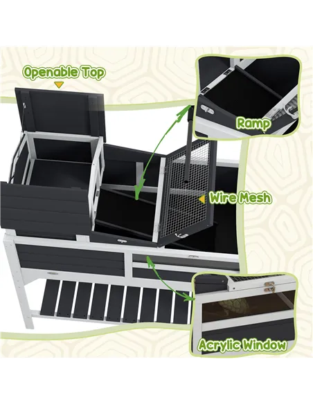 PawHut Wooden Tortoise Enclosure, Tortoise Tank w/ Adjustable Lamp Holder, Openable Lid, Removable Main House - Grey