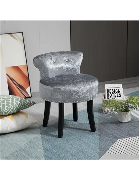 HOMCOM Dressing Table Stool with Rubber Wood Legs, Ice Velvet Vanity Stool for Living Room Bedroom, Grey