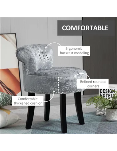 HOMCOM Dressing Table Stool with Rubber Wood Legs, Ice Velvet Vanity Stool for Living Room Bedroom, Grey
