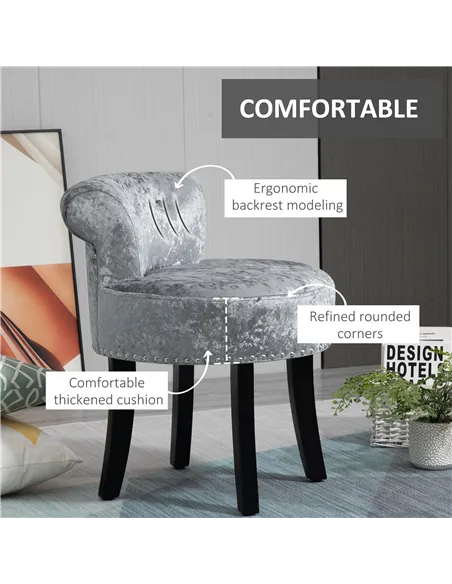 HOMCOM Dressing Table Stool with Rubber Wood Legs, Ice Velvet Vanity Stool for Living Room Bedroom, Grey