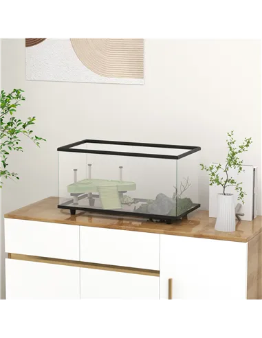 PawHut 50L Glass Turtle Tank Aquarium with Basking Platform, Easy Drainage, Strip Patch Thermometer