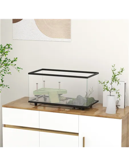 PawHut 50L Glass Turtle Tank Aquarium with Basking Platform, Easy Drainage, Strip Patch Thermometer