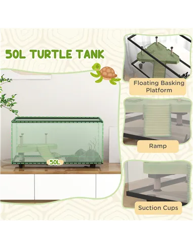 PawHut 50L Glass Turtle Tank Aquarium with Basking Platform, Easy Drainage, Strip Patch Thermometer