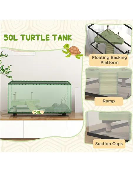 PawHut 50L Glass Turtle Tank Aquarium with Basking Platform, Easy Drainage, Strip Patch Thermometer