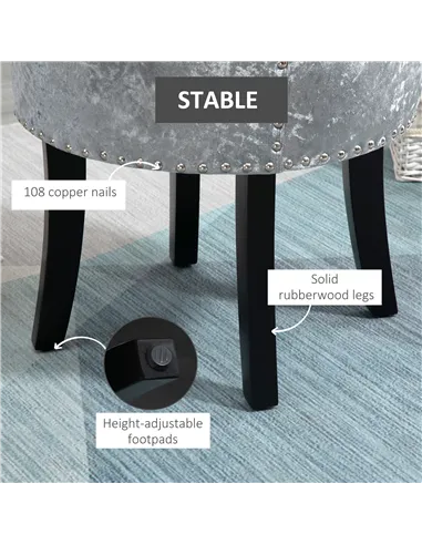 HOMCOM Dressing Table Stool with Rubber Wood Legs, Ice Velvet Vanity Stool for Living Room Bedroom, Grey