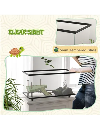 PawHut 50L Glass Turtle Tank Aquarium with Basking Platform, Easy Drainage, Strip Patch Thermometer
