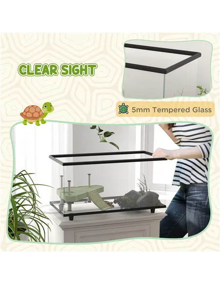 PawHut 50L Glass Turtle Tank Aquarium with Basking Platform, Easy Drainage, Strip Patch Thermometer