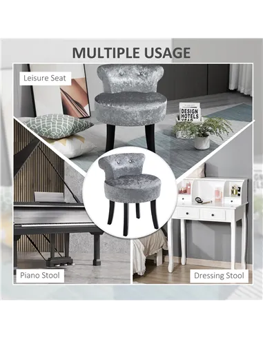HOMCOM Dressing Table Stool with Rubber Wood Legs, Ice Velvet Vanity Stool for Living Room Bedroom, Grey