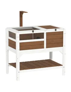 PawHut Wooden Tortoise House, with Shelter, Run, Shelf, Lamp Holder, Tray - Brown