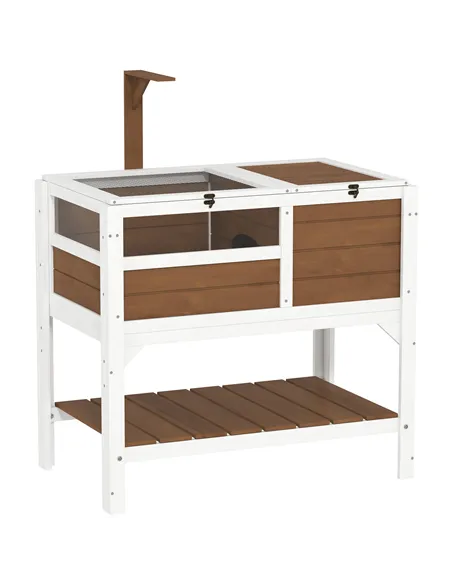 PawHut Wooden Tortoise House, with Shelter, Run, Shelf, Lamp Holder, Tray - Brown