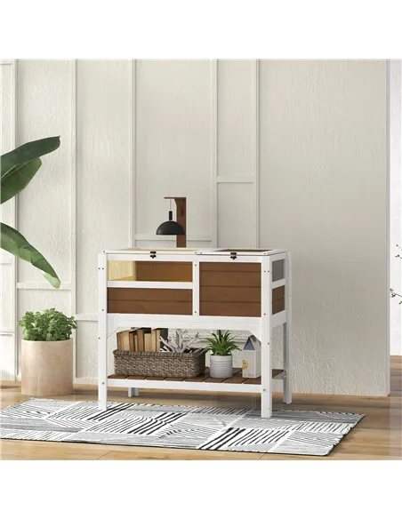 PawHut Wooden Tortoise House, with Shelter, Run, Shelf, Lamp Holder, Tray - Brown