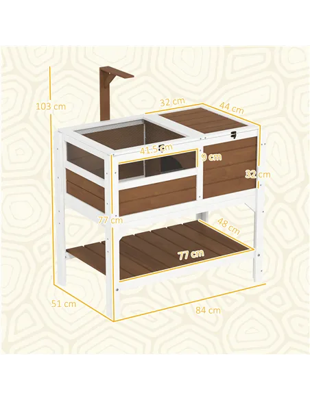 PawHut Wooden Tortoise House, with Shelter, Run, Shelf, Lamp Holder, Tray - Brown