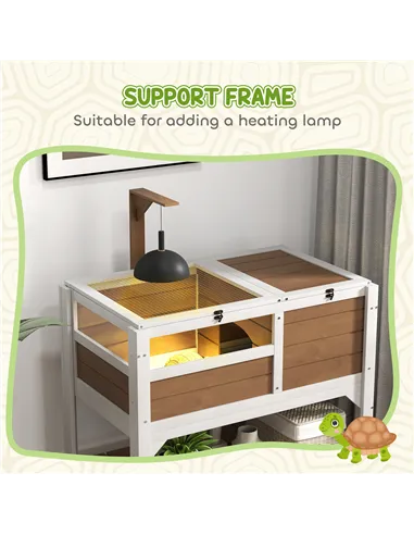 PawHut Wooden Tortoise House, with Shelter, Run, Shelf, Lamp Holder, Tray - Brown