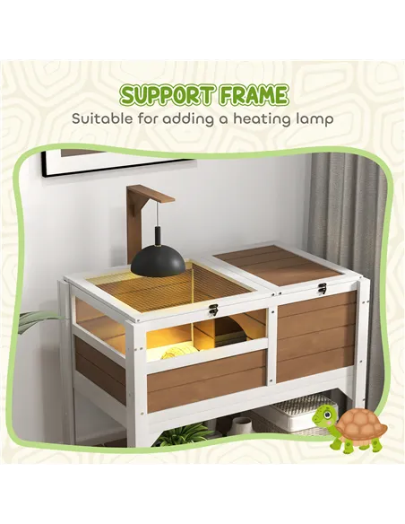PawHut Wooden Tortoise House, with Shelter, Run, Shelf, Lamp Holder, Tray - Brown