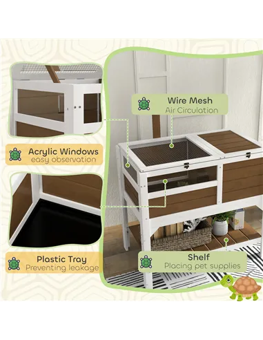 PawHut Wooden Tortoise House, with Shelter, Run, Shelf, Lamp Holder, Tray - Brown