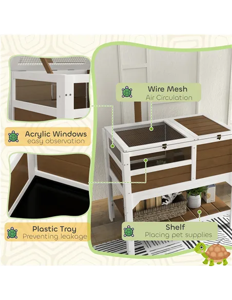 PawHut Wooden Tortoise House, with Shelter, Run, Shelf, Lamp Holder, Tray - Brown