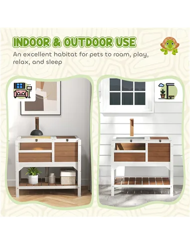 PawHut Wooden Tortoise House, with Shelter, Run, Shelf, Lamp Holder, Tray - Brown