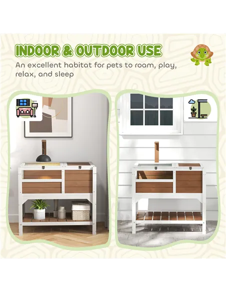 PawHut Wooden Tortoise House, with Shelter, Run, Shelf, Lamp Holder, Tray - Brown