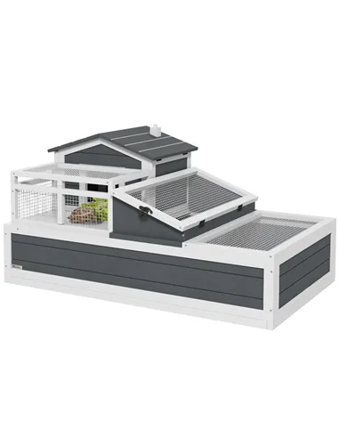 PawHut Tortoise House 3-Room with 2 Stories, Ladder, Balcony, Tray, Openable Roof, 59H x 112L x 65Wcm, Grey