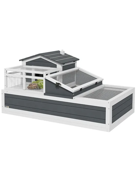 PawHut Tortoise House 3-Room with 2 Stories, Ladder, Balcony, Tray, Openable Roof, 59H x 112L x 65Wcm, Grey