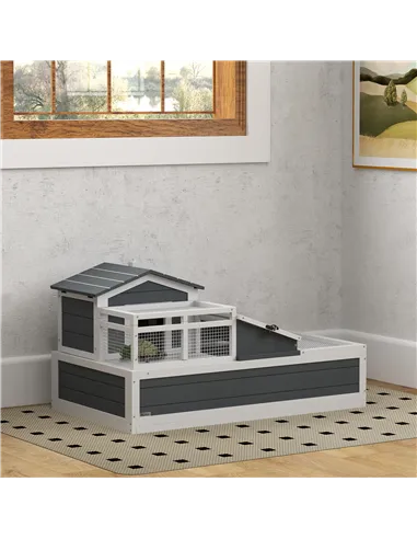 PawHut Tortoise House 3-Room with 2 Stories, Ladder, Balcony, Tray, Openable Roof, 59H x 112L x 65Wcm, Grey