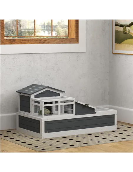 PawHut Tortoise House 3-Room with 2 Stories, Ladder, Balcony, Tray, Openable Roof, 59H x 112L x 65Wcm, Grey