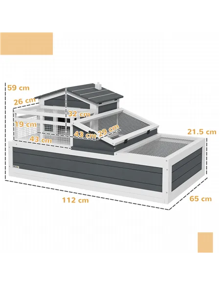 PawHut Tortoise House 3-Room with 2 Stories, Ladder, Balcony, Tray, Openable Roof, 59H x 112L x 65Wcm, Grey