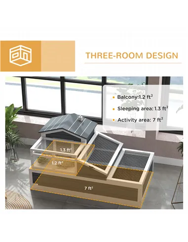 PawHut Tortoise House 3-Room with 2 Stories, Ladder, Balcony, Tray, Openable Roof, 59H x 112L x 65Wcm, Grey