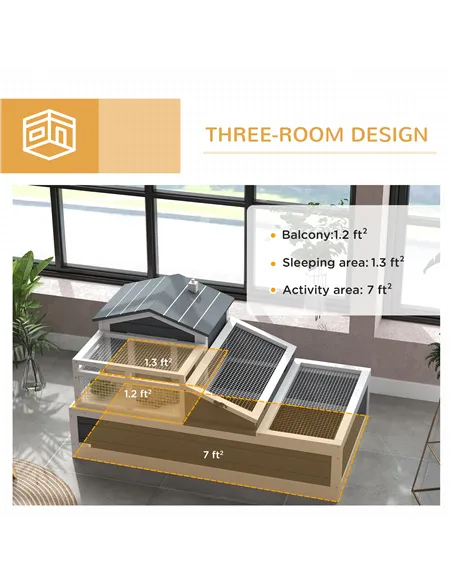 PawHut Tortoise House 3-Room with 2 Stories, Ladder, Balcony, Tray, Openable Roof, 59H x 112L x 65Wcm, Grey