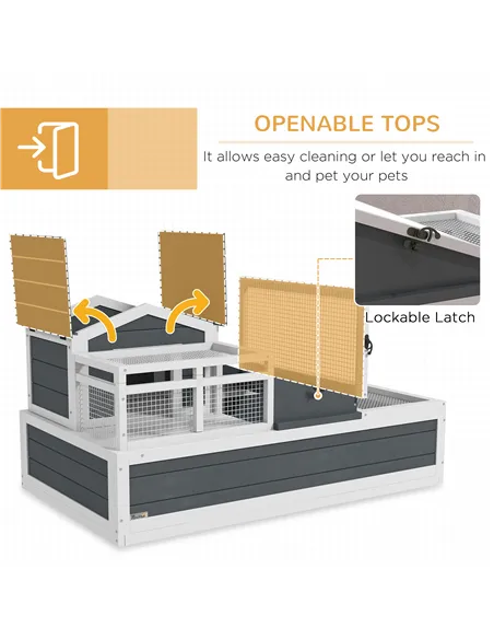 PawHut Tortoise House 3-Room with 2 Stories, Ladder, Balcony, Tray, Openable Roof, 59H x 112L x 65Wcm, Grey