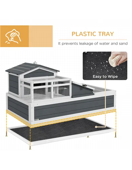 PawHut Tortoise House 3-Room with 2 Stories, Ladder, Balcony, Tray, Openable Roof, 59H x 112L x 65Wcm, Grey