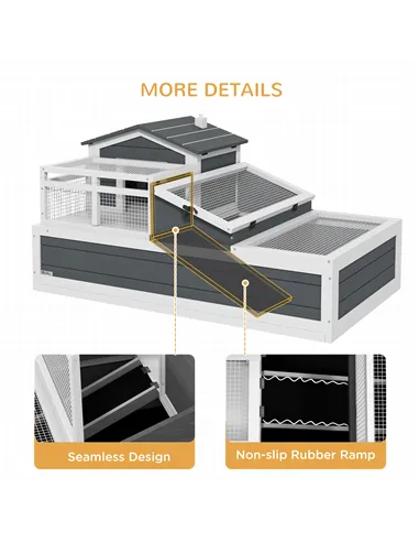 PawHut Tortoise House 3-Room with 2 Stories, Ladder, Balcony, Tray, Openable Roof, 59H x 112L x 65Wcm, Grey