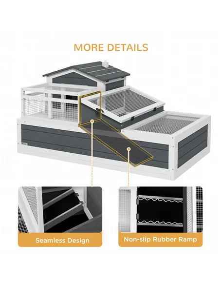 PawHut Tortoise House 3-Room with 2 Stories, Ladder, Balcony, Tray, Openable Roof, 59H x 112L x 65Wcm, Grey
